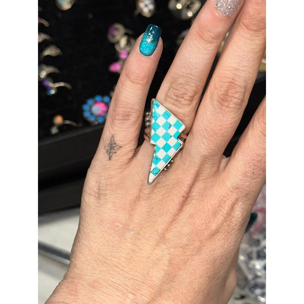 Blue/White Checkered Lightning Bolt Sterling Silver Ring Size 7